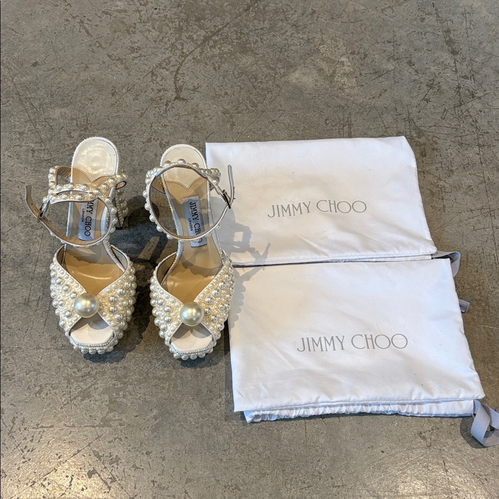 Jimmy Choo Pearl-Studded Ivory Heels - Picture 9 of 14